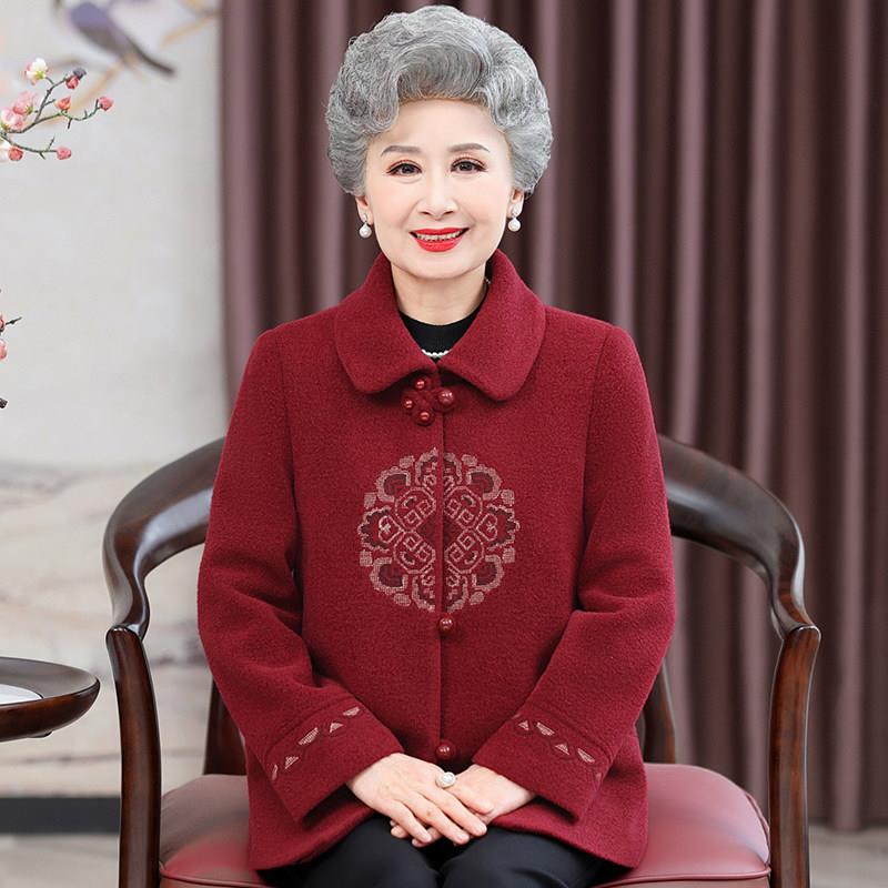 加厚红色毛呢外套 中老年妇女民族风喜庆呢子大衣