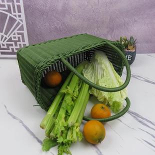 买菜篮子手提野餐蓝仿藤编织购物特大号收纳筐手工水果采摘框家用