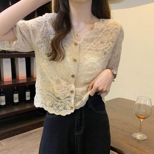 韩国短袖防晒衣女新款夏季薄款V领网纱镂空开 衫蕾丝衫披肩小外套