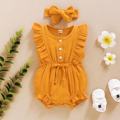 Summer Baby Girls Romper + Headband Cotton Linen Ruffles Sle