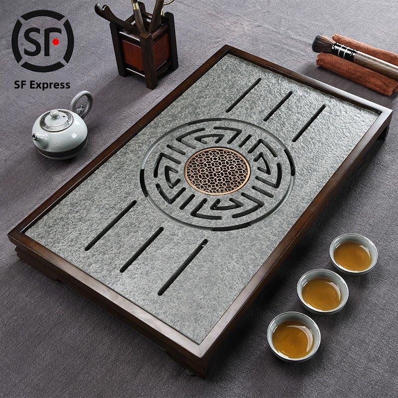 黑金石茶盘家用功夫石小储水盘鸡翅木乌木茶桌实木排水茶海