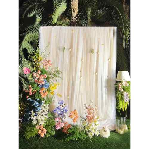 米白香槟淡黄色软纱幔婚礼迎宾背景瀑布纱装饰活动舞台布置网纱
