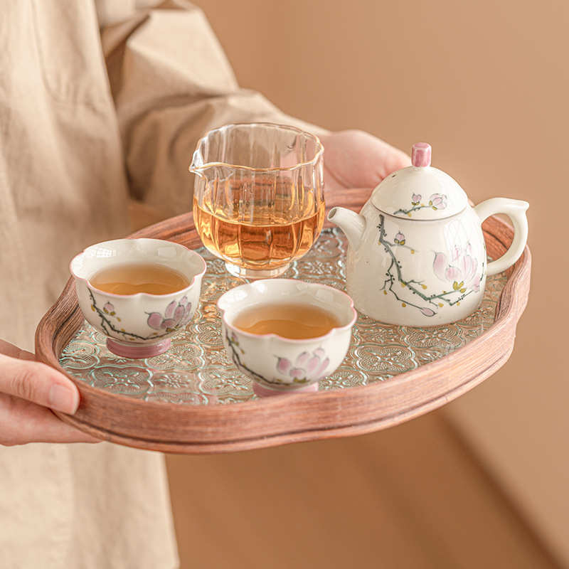 手绘玉兰花女士茶壶茶杯功夫茶具套装高档中式泡茶一壶两杯收纳包