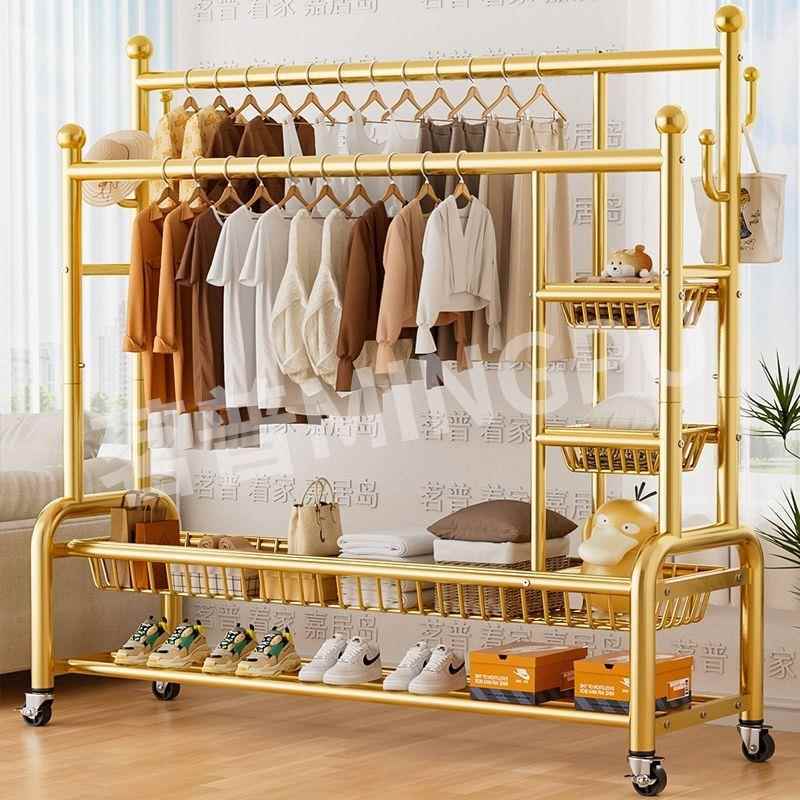 卧室轻奢挂衣架落地家用房间室内晾衣服架子可移动双杆加厚衣帽架