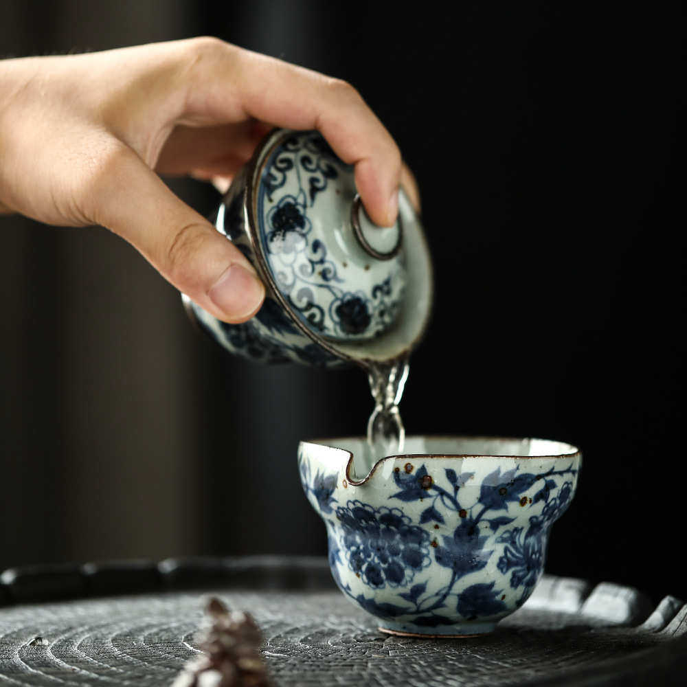 晴先生青花缠枝莲葫芦盖碗陶瓷景德镇手工带盖碗杯茶具套装泡茶碗