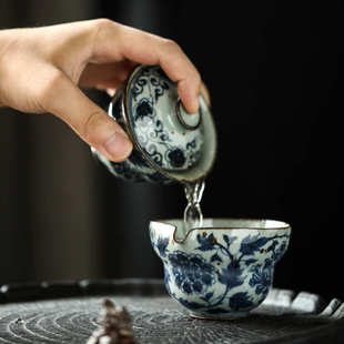 泡茶碗 晴先生青花缠枝莲葫芦盖碗陶瓷景德镇手工带盖碗杯茶具套装