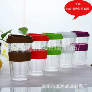 办公杯 厂家批发耐热双层玻璃杯带硅胶盖套加厚玻璃咖啡杯透明新款