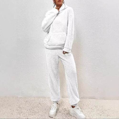 Women's plush hooded long sleeved pants set