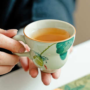纯手绘荷鱼耳把葫芦杯主人杯陶瓷手工茶杯单杯家用个人品茗杯
