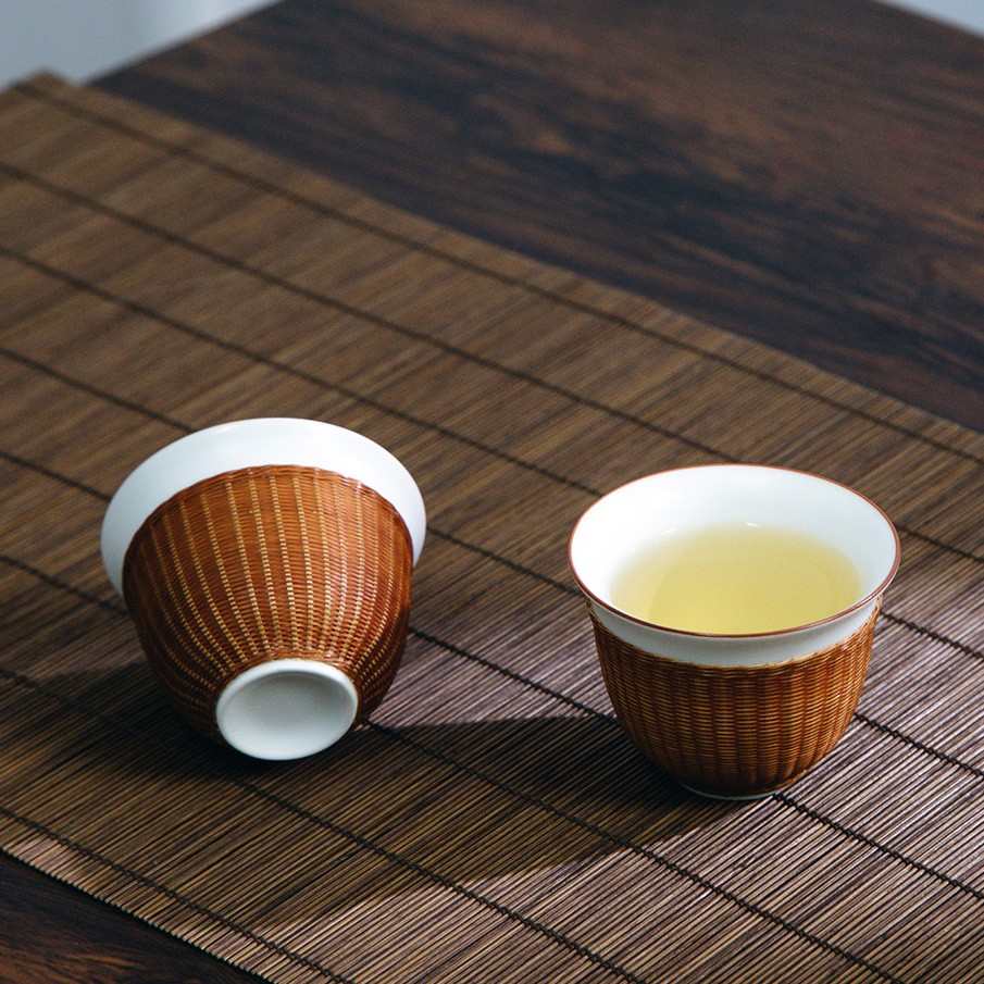 竹丝扣瓷中式四川非遗纯手工艺斗笠杯瓷胎竹编景德镇功夫茶杯茶