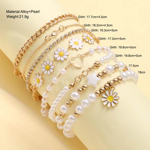 Pearl Bracelet 8-Piece Set for Women雏菊珍珠手錬8件套装女