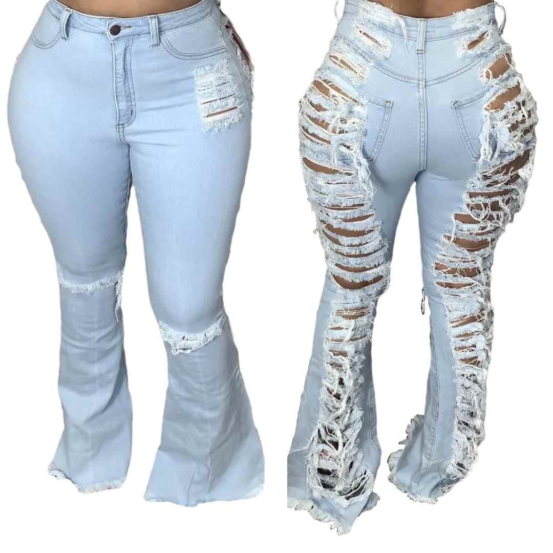 pants bottom bell size plus elastic ripped personality