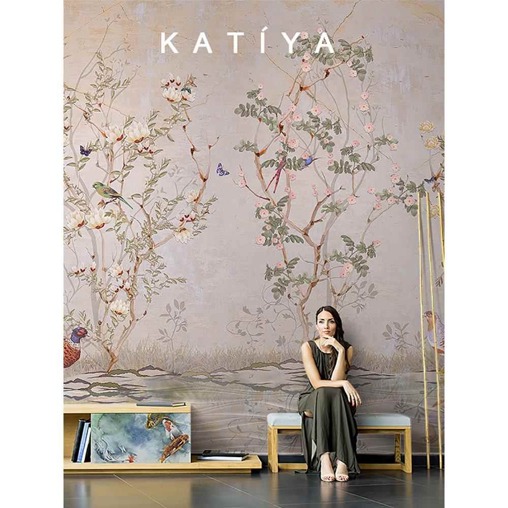 Katiya新中式田园花朵壁画客厅定制墙布花鸟沙发3D电视背景墙壁纸