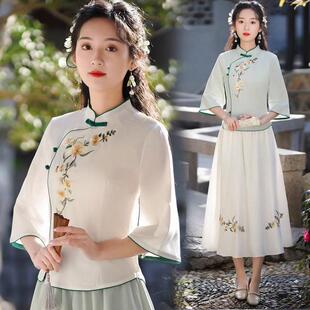 中国风改良女款日常穿搭唐装汉服茶艺师工作服采耳师服装显瘦旗袍