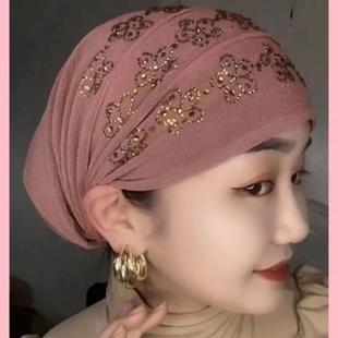 回族帽子女新款包头帽遮发帽梅花烫钻帽松紧盖头网红同款包头巾新