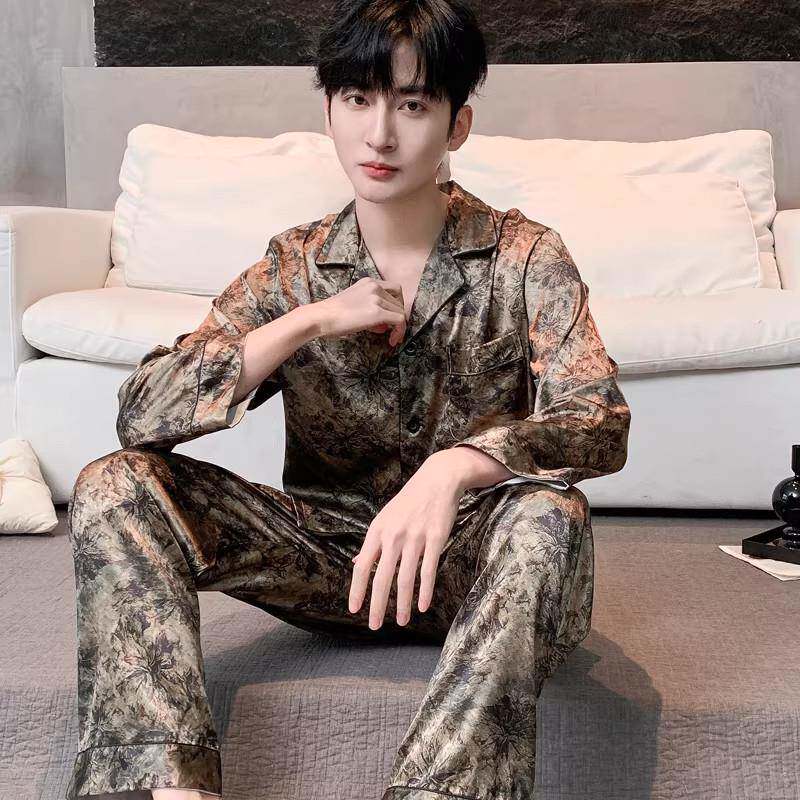 2026新款印花男款睡衣春秋款桑蚕丝长袖长裤套装夏季高级感家居服