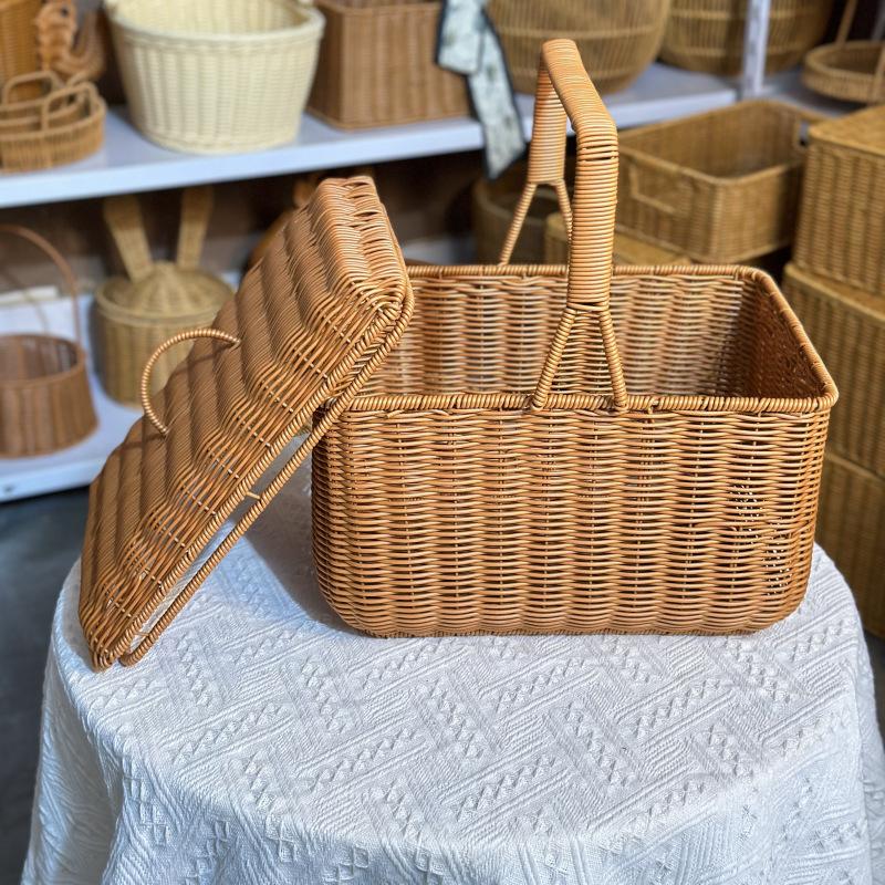 买菜手提篮春游户外野餐藤编塑料露营洗澡竹编菜篮编织篮采摘篮子