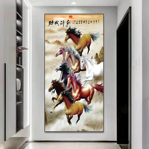 八骏图走廊过道墙玄关画马到成功客厅装饰画奔马图竖版背景墙挂画