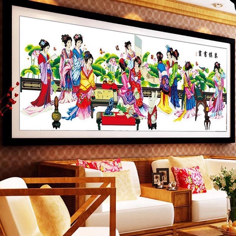 纯手工十字绣成品琴棋书画荷花版十二金钗客厅挂画人工绣好的出售