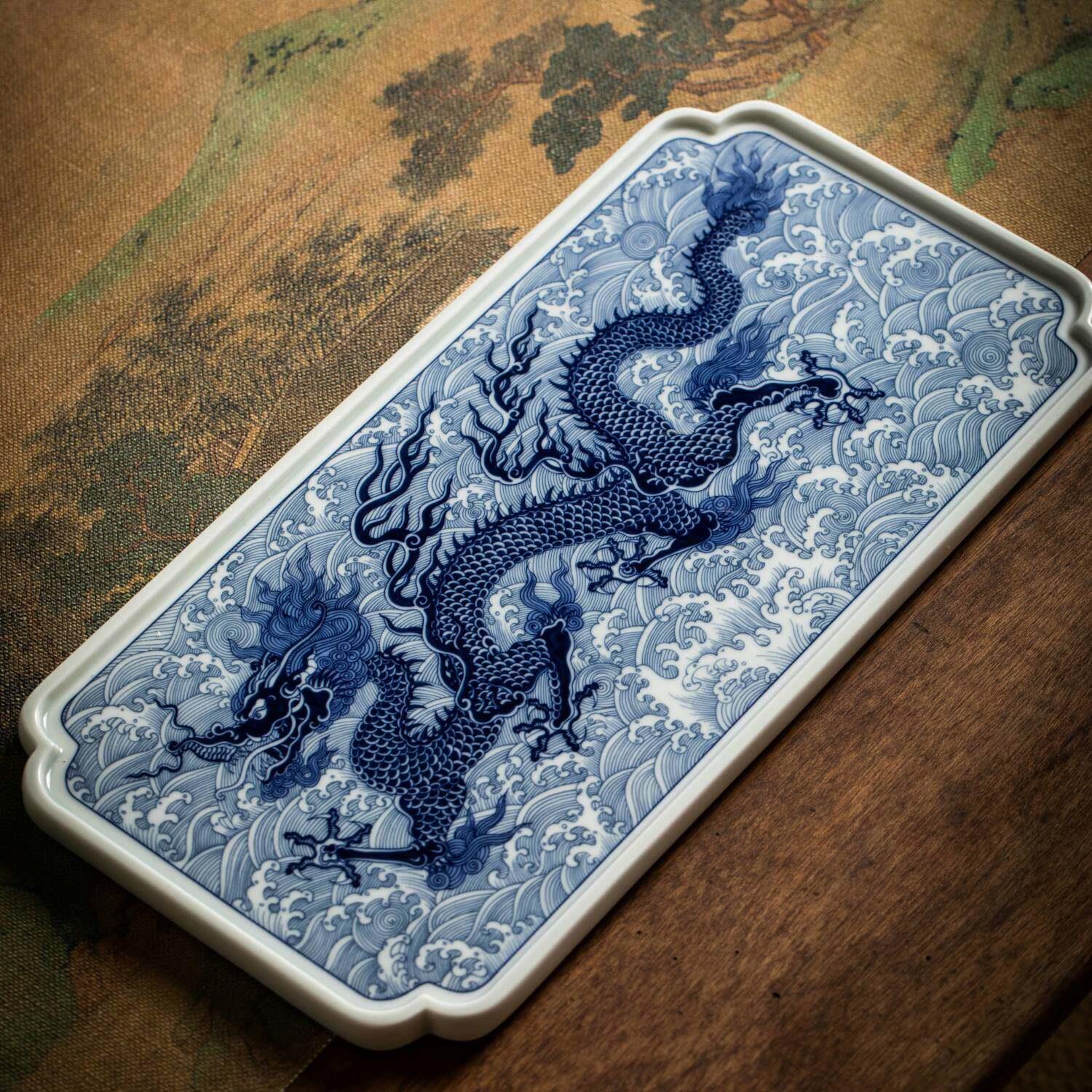 景德镇青花霸王龙茶盘 干泡台 轻奢 龙纹 中式 中国风 陶瓷茶盘