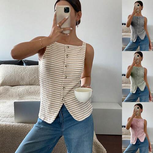 Women's Striped Print Button Vest Jacket, Casual Comfy Vest