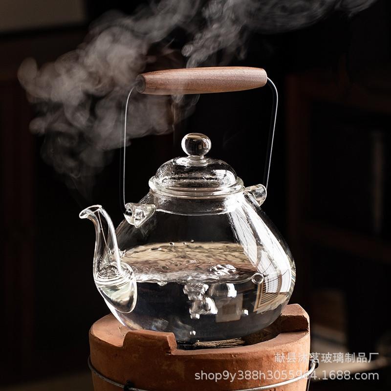 玻璃围炉煮茶提梁壶壶家用茶高硼A32硅带漏壶大容量奢泡茶木把轻