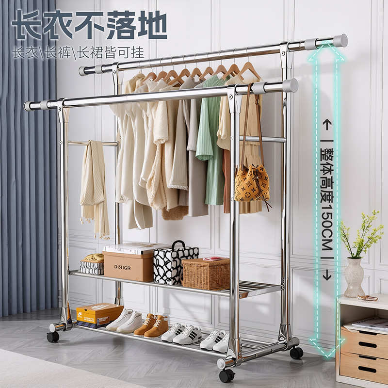 双杆不锈钢晾衣架落地家用室内外伸缩挂衣架阳台晒被凉衣服杆子