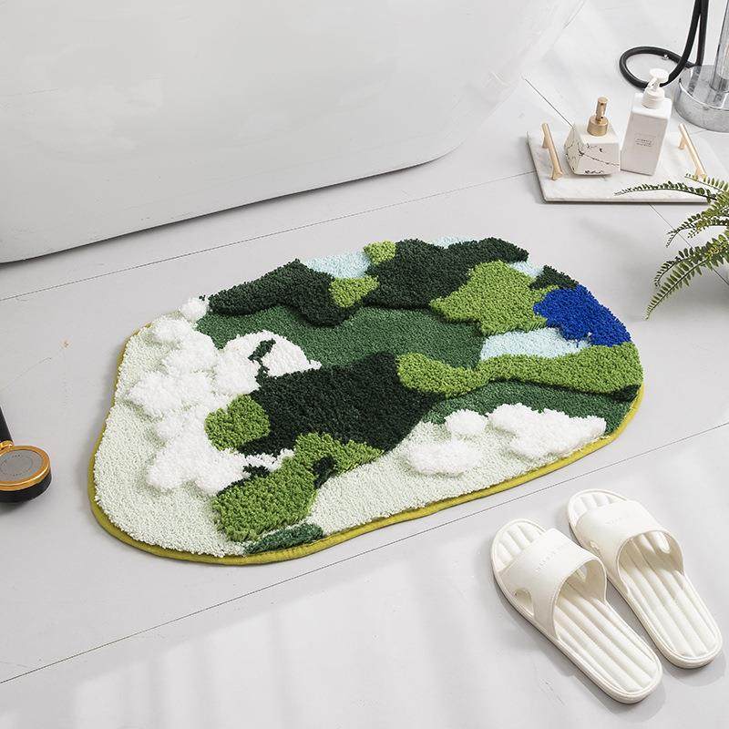 跨境柔软超纤可水洗苔藓植绒地毯簇绒苔藓异形浴室地垫源头直供