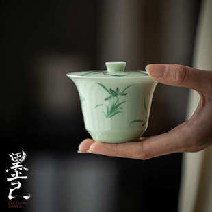 墨己 玉泥文人家用盖碗 小苍翠手绘兰花盖碗 功夫茶具陶瓷泡茶碗