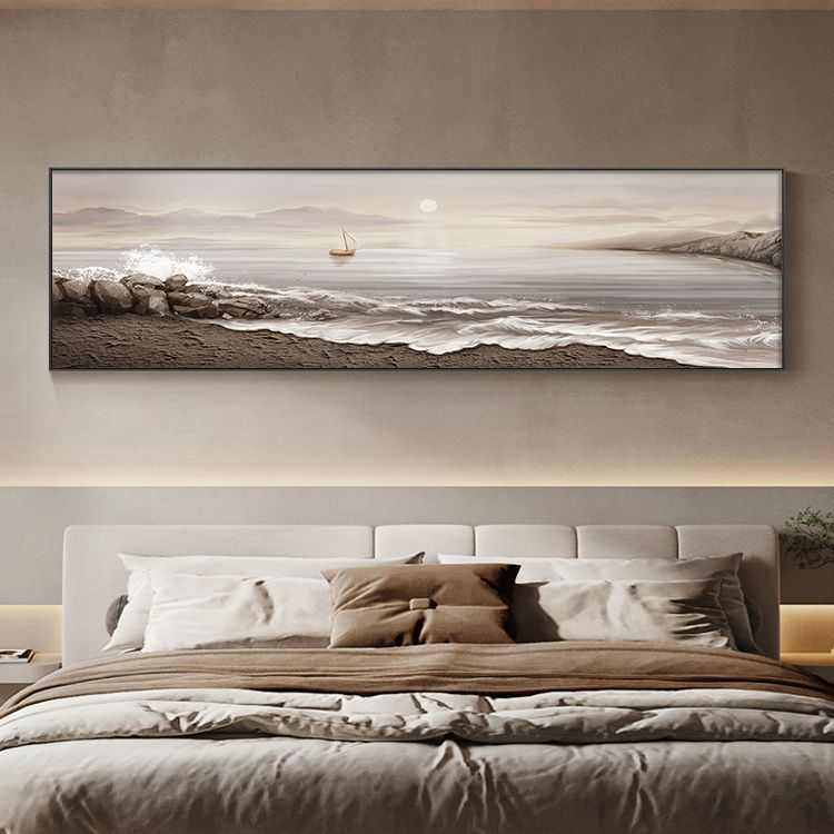 侘寂风卧室装饰画海景帆船床头挂画轻奢高级感横版客厅背景墙壁画