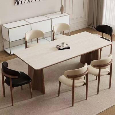 北欧XGB实木餐桌桌餐椅轻奢简约饭桌长现代用古风白家蜡方形岩板