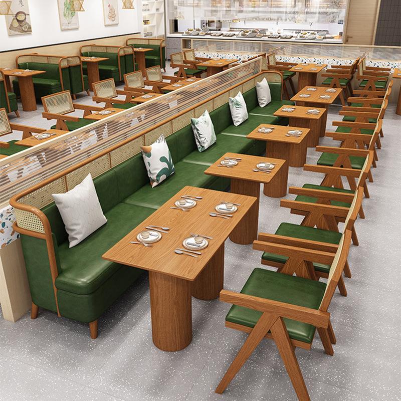 新中式火锅店卡座沙发茶楼实木编藤餐桌椅组合餐饮餐厅饭店靠背椅