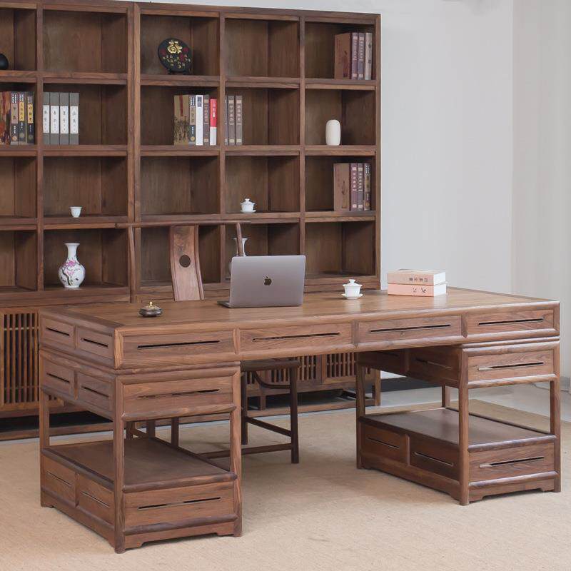 新中式办公桌实木老板桌中式书房书法禅意老榆木画案黑胡桃木书桌