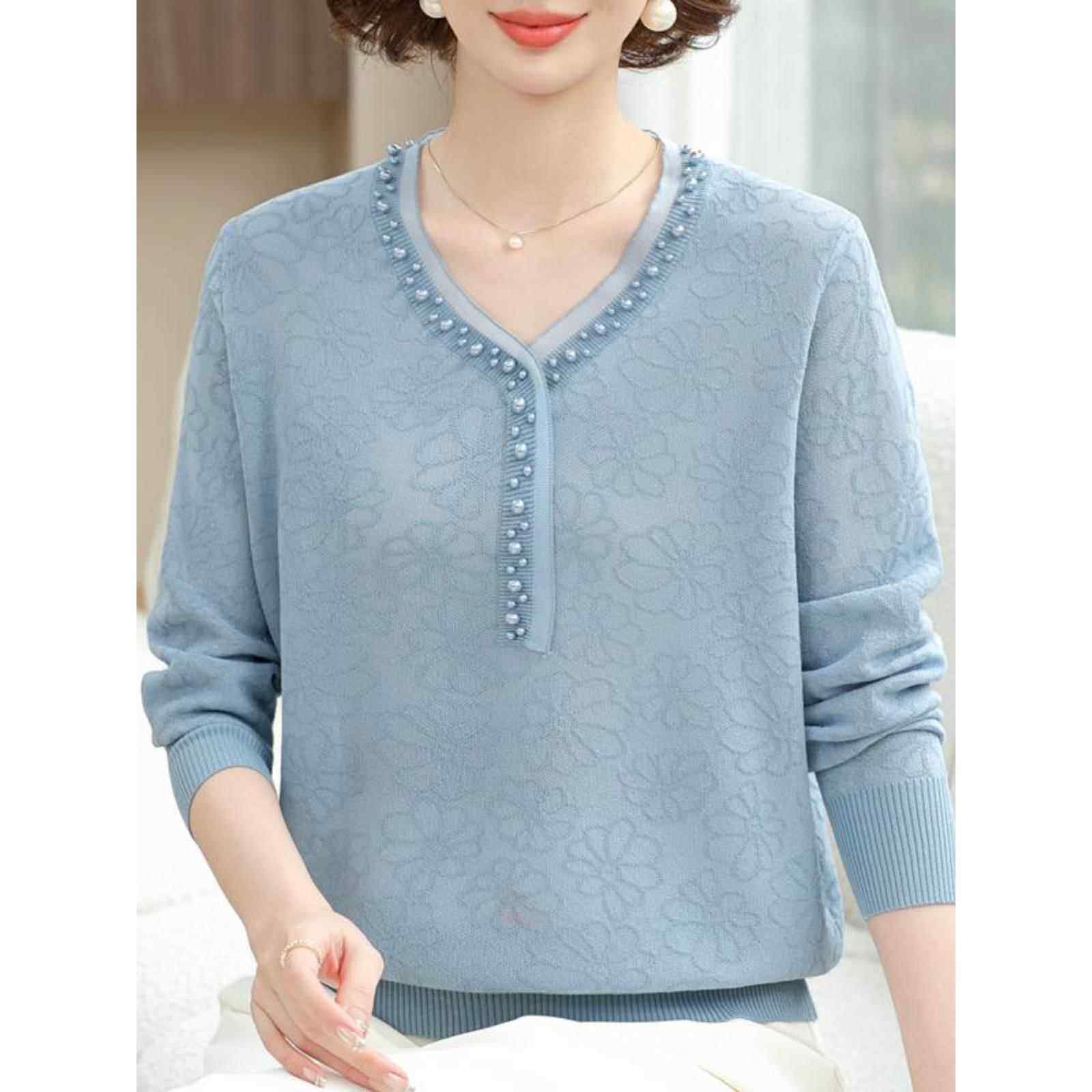 洋气妈妈春秋薄款针织衫女宽松桑蚕丝上衣特大码中老年钉珠打底衫