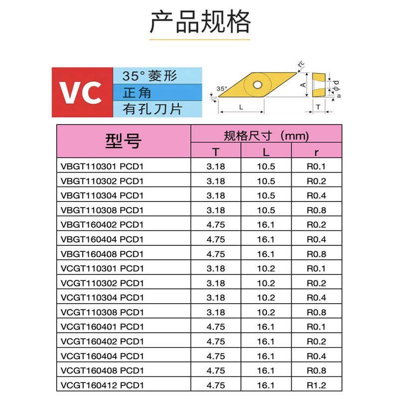 台湾高光VBGT110304铝合金加工PCD金刚石车刀片表面高光洁度刀粒
