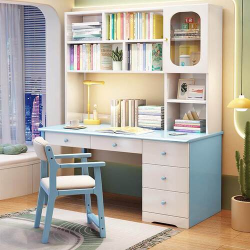 实木橡木书桌书柜书架一体家用卧室办公电脑桌儿童初高中生学习桌