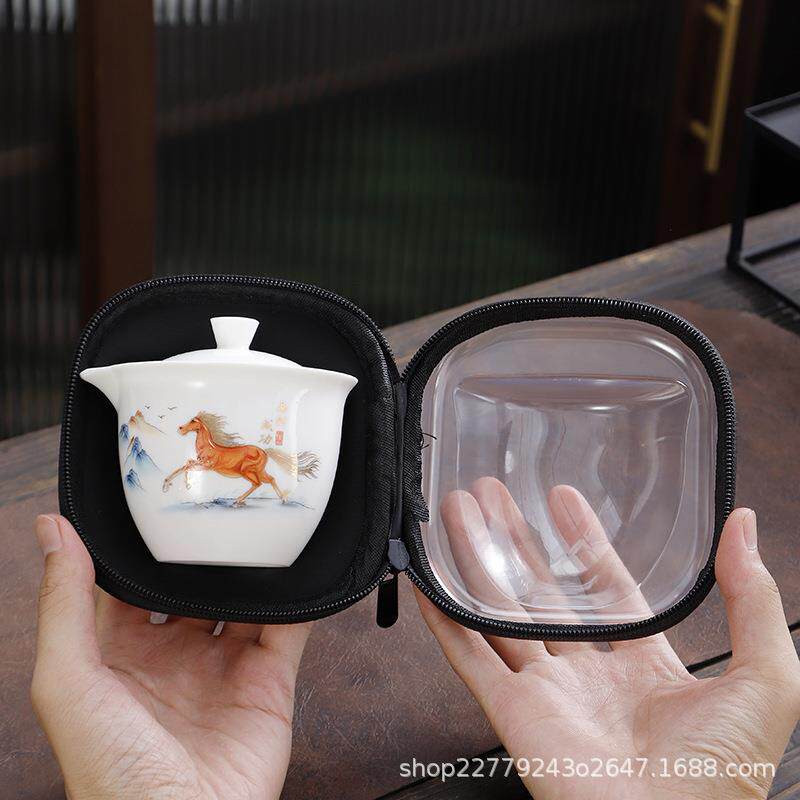 熊猫羊脂玉旅行茶具套装一壶三杯功夫泡茶便携盖碗户外露营快客杯