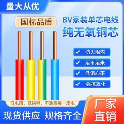 BV阻燃电线家用家装1.52.54610平方国标纯铜单芯硬线电缆