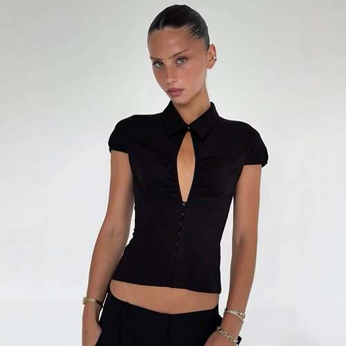 Womens Collar Neck Deep V Cutout Short Sleeve Crop Top 2026