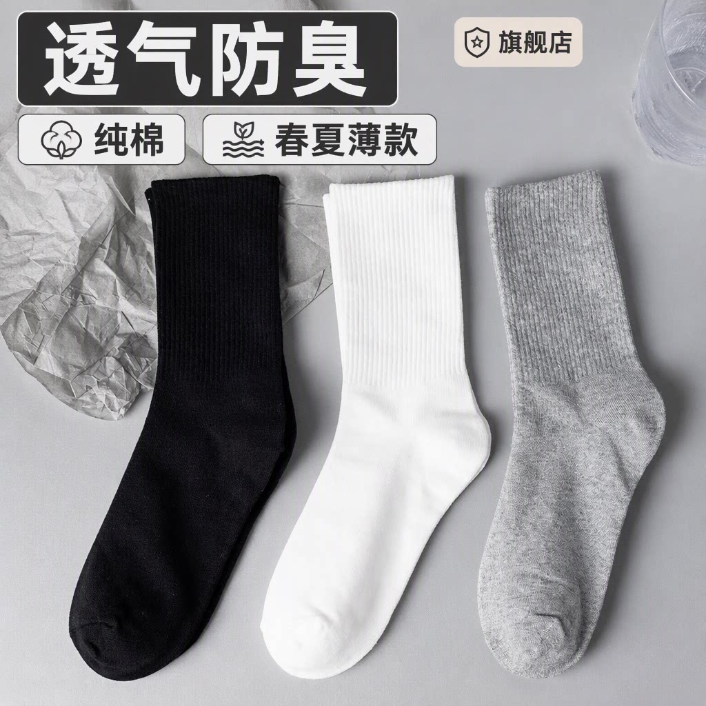 黑白中筒袜男女情侣青少年春夏薄款纯棉透气防臭吸汗运动百搭