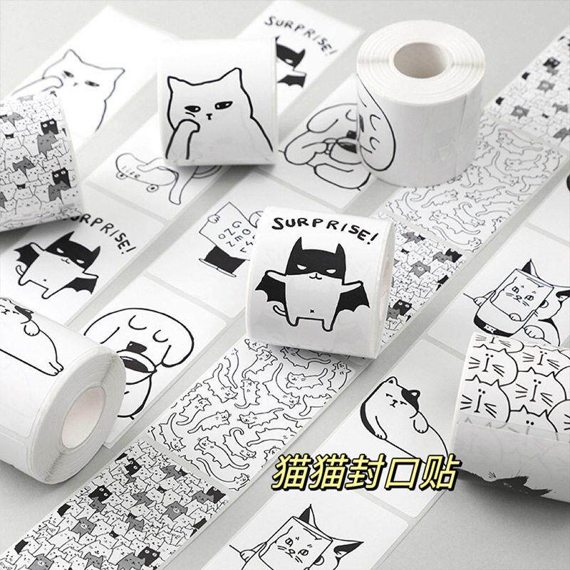黑白动物贴纸可爱卡通猫咪图案手帐笔记本装饰贴画创意卷卷封口贴
