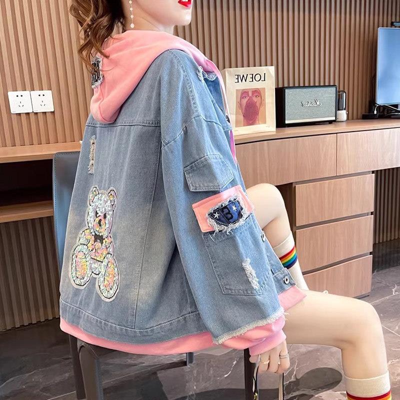 假两件连帽牛仔小熊外套女2026年春装新款宽松显瘦洋气休闲上衣潮