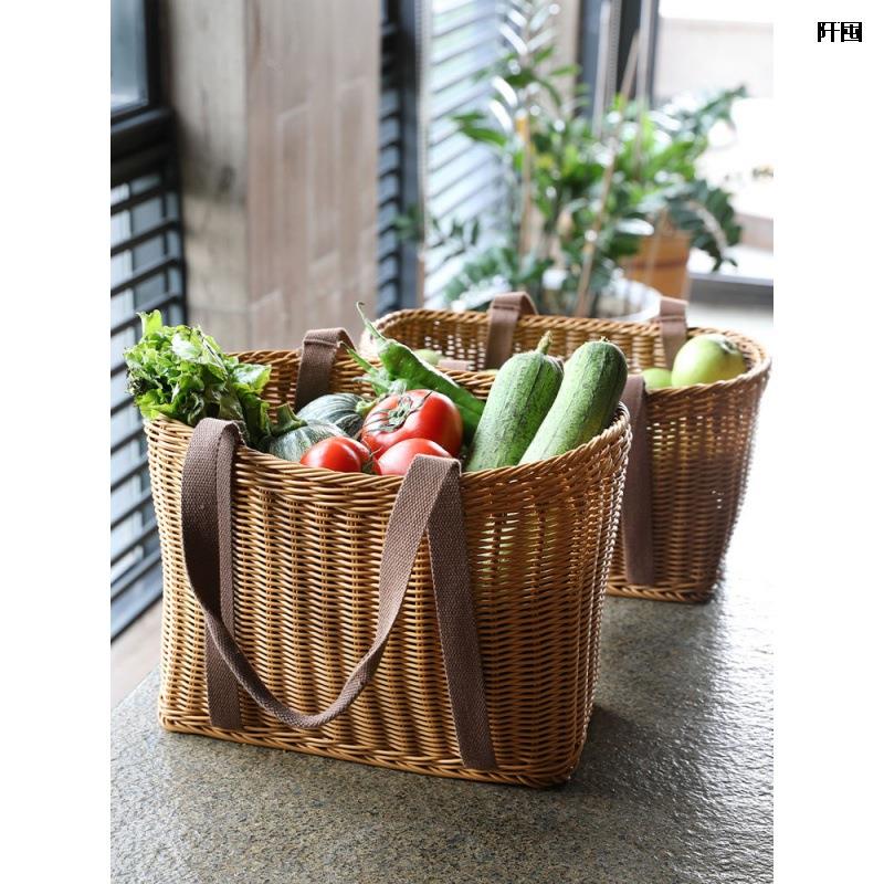 藤编购物买菜篮户外野餐郊游篮子水果蔬菜收纳筐PP仿藤大号编织篮