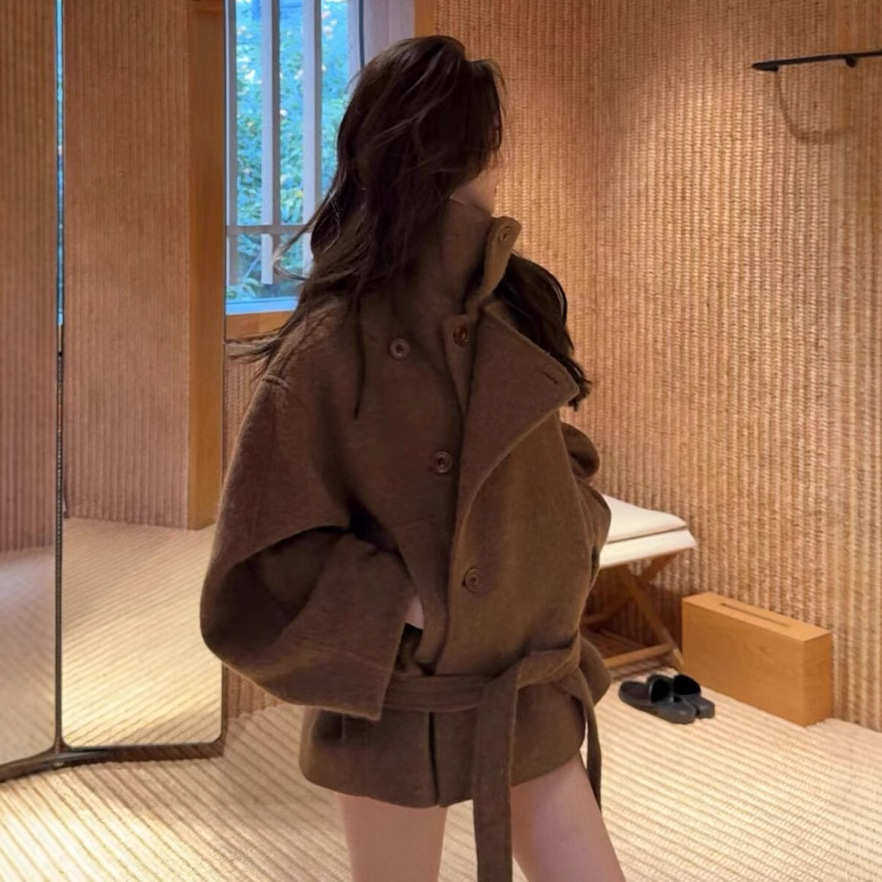 老钱风翻领驼毛短款呢大衣系带浴袍短款外套驼色收腰上衣大复古