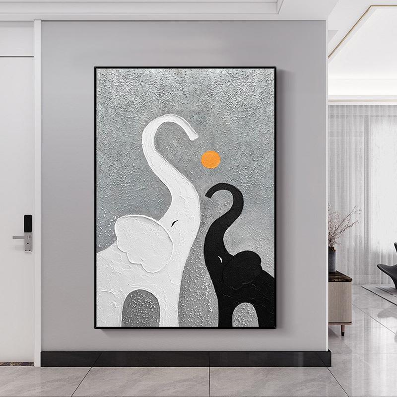 纯手绘画吉祥大油象黑白肌理客厅饰画关HL730玄画抽象挂画轻装奢