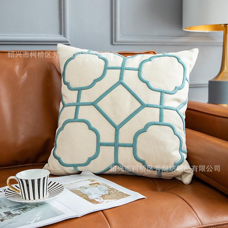 轻奢美式棉麻抱枕绣花靠垫套样品间床品现代简约几何立体刺绣抱枕