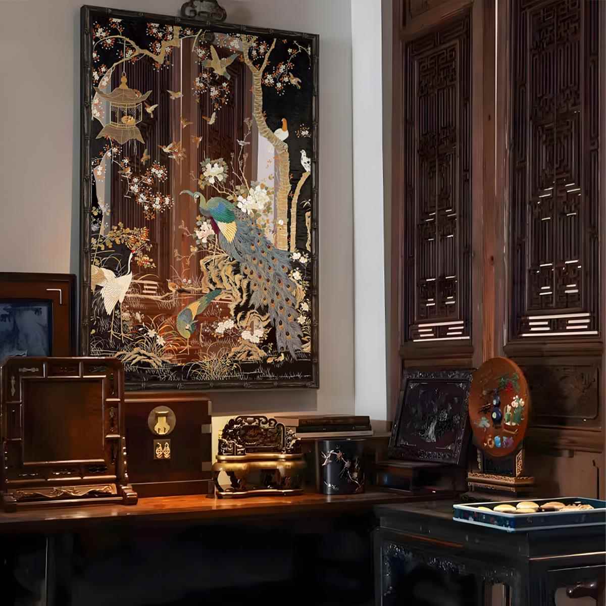 孔雀神鸟中古镜子中式画国风艺术品送礼画装饰镜书房客厅玄关挂画图片
