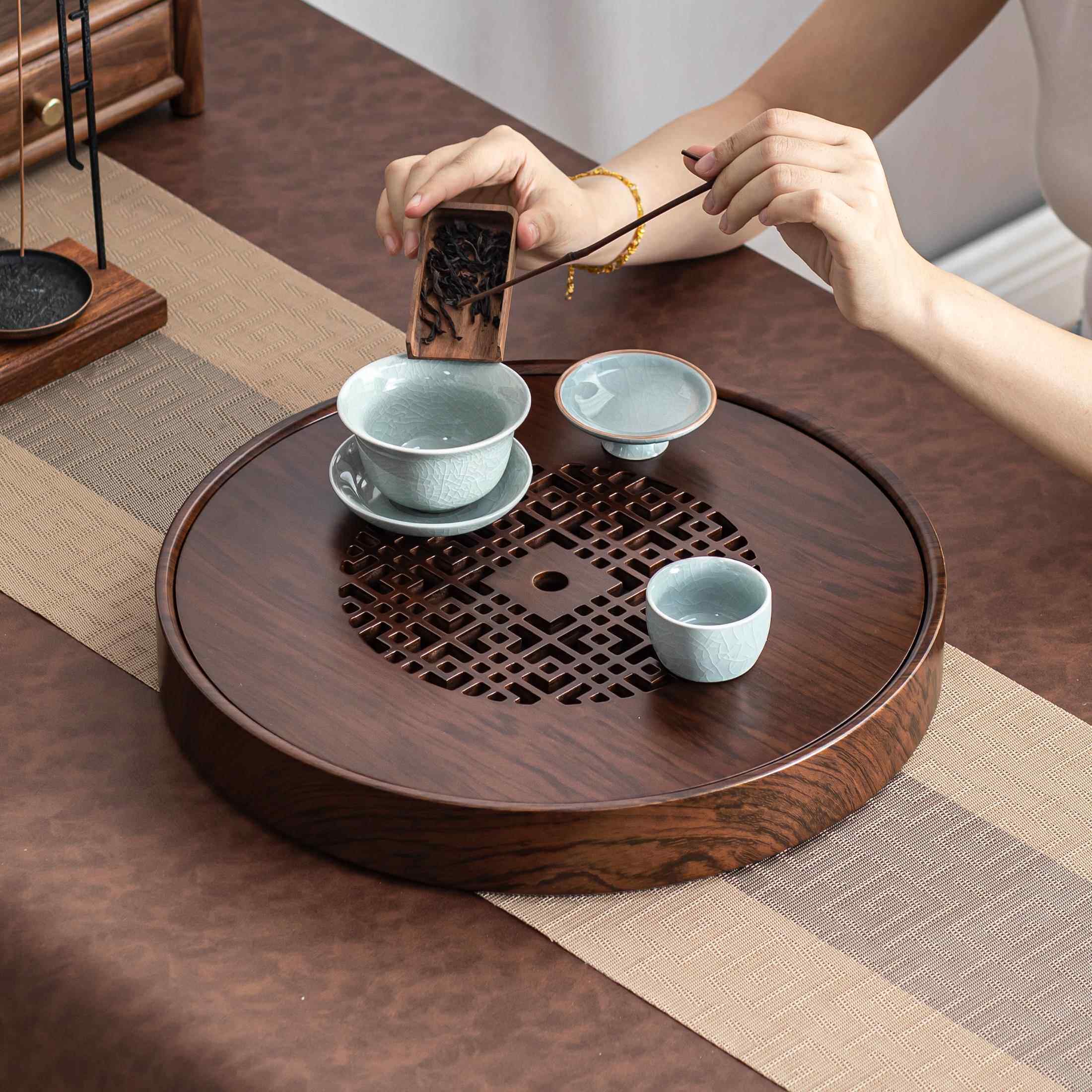圆形实木茶盘家用储水小茶台椭圆款实木茶具办公室用盛水茶台茶海
