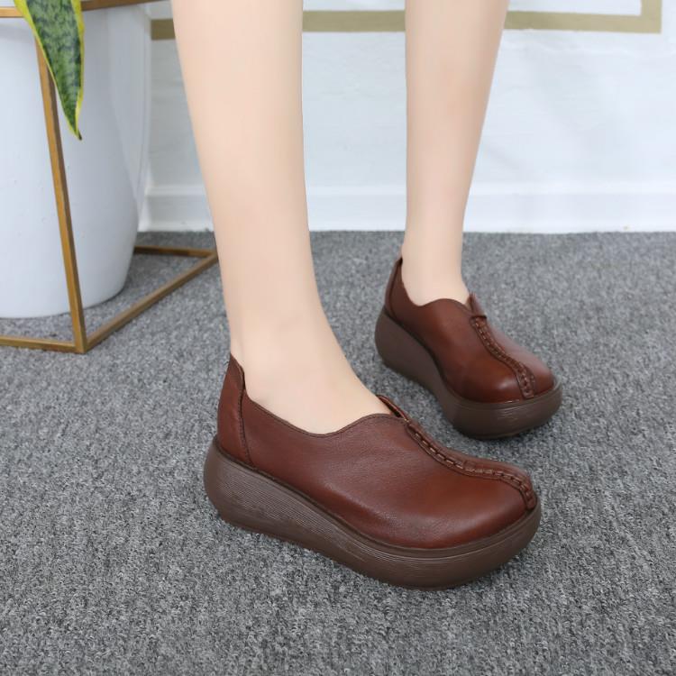 高档85酒红底包鞋软底厚真皮妈妈鞋松糕9鞋皮鞋民族风覆3古原创中