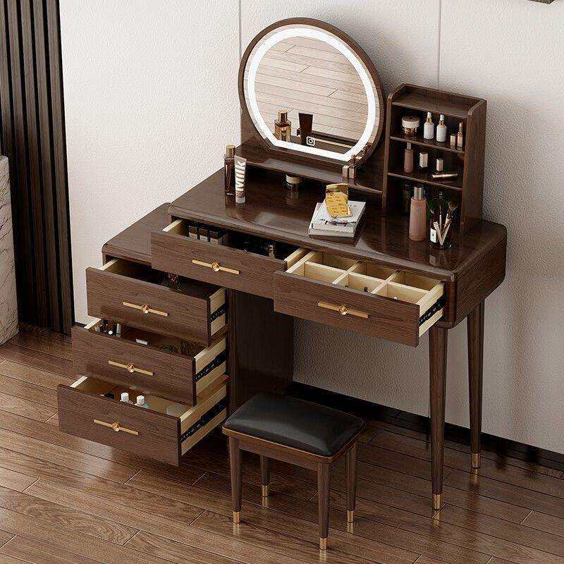 新中式实木梳妆台卧室现代简约化妆桌台带灯收纳柜一体新款化妆柜